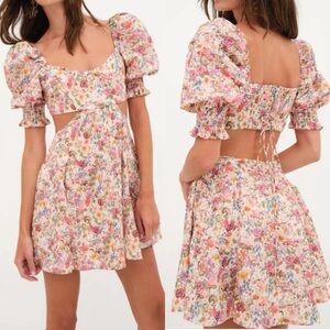 For Love & Lemons Arya Mushroom Floral Print Cut Out Mini Dress SZ LG